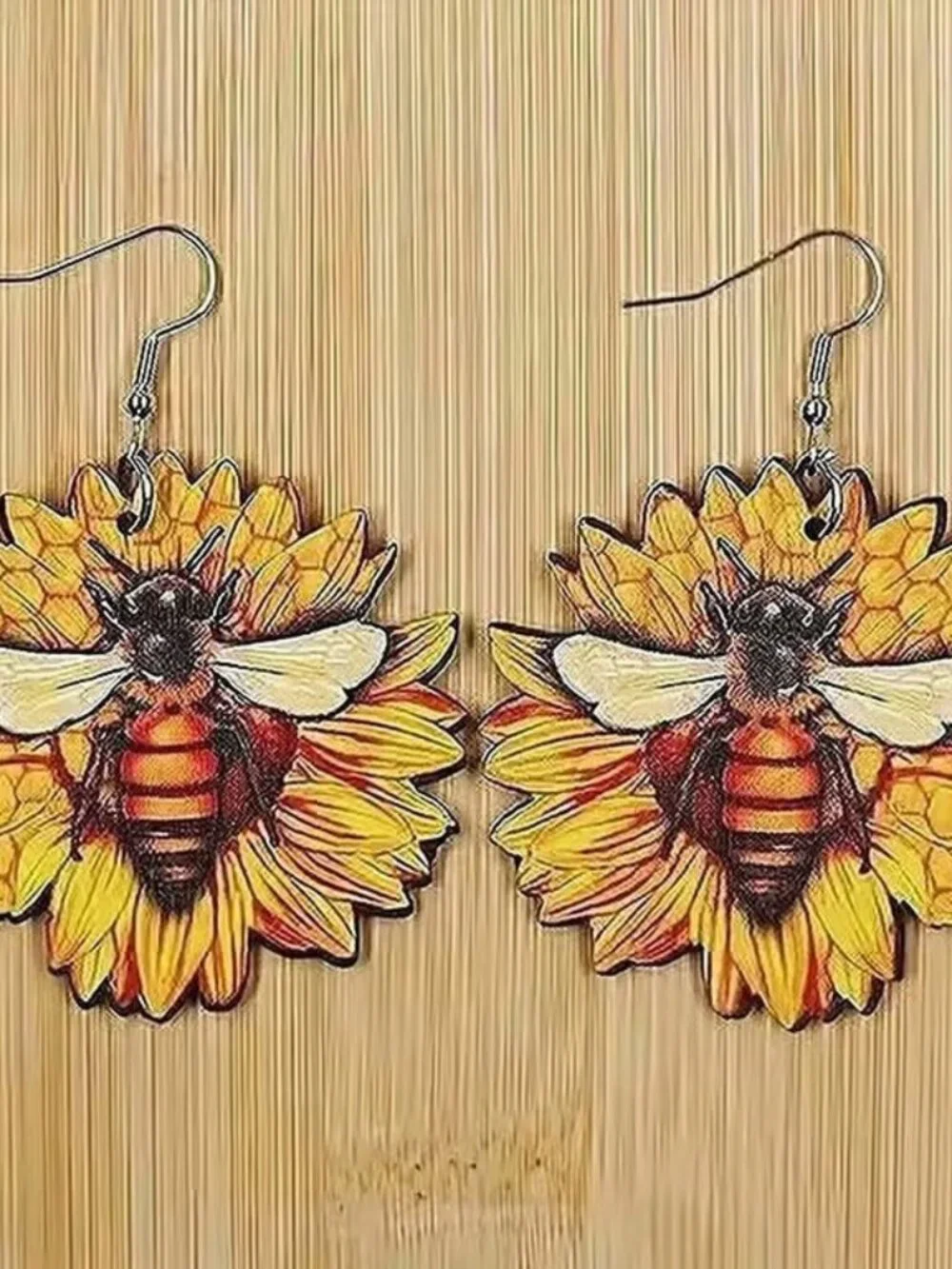Wooden BEE Sunflower Dangle Earrings